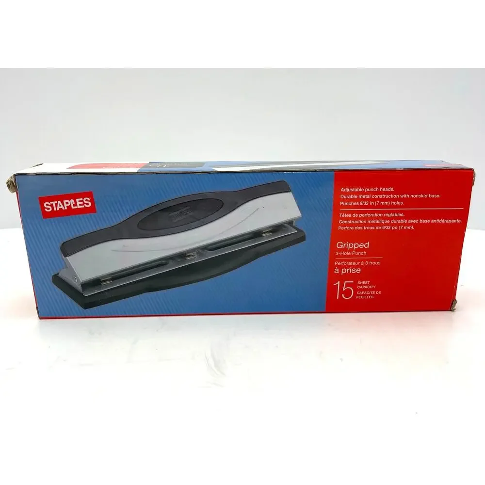 Staples 3-Hole Punch Rubberized Comfort Grip 15 Sheet Capacity NEW
